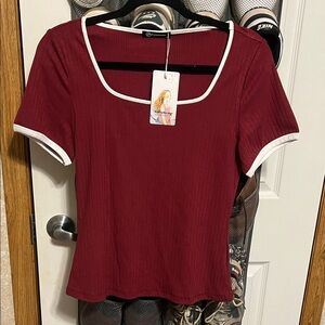 Elegant Burgundy Short Sleeve Top with White Accents